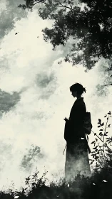 Quiet silhouette under drifting leaves and painted sky.