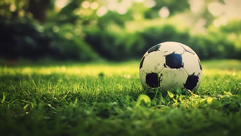 Weathered soccer ball rests on sunlit green grass field