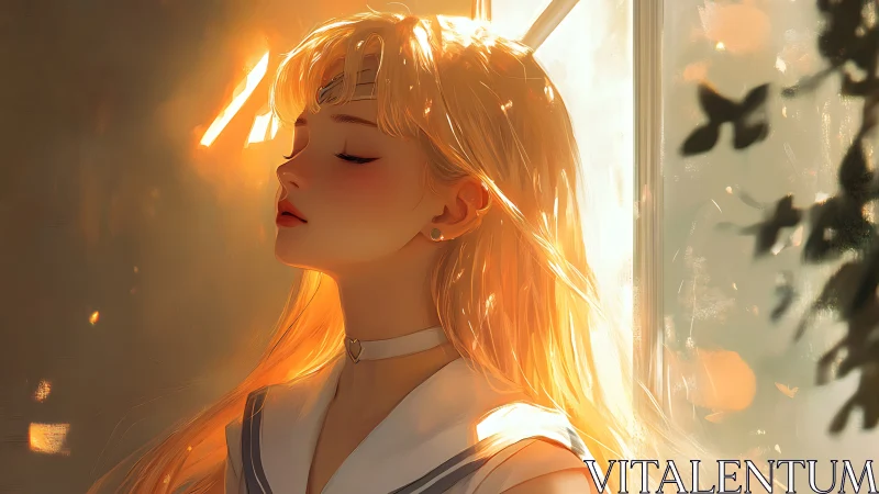 Sunlit anime girl in quiet golden afternoon glow.