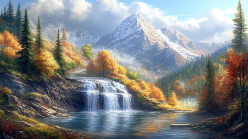 Autumn cascade below snowlit alpine peaks at sunrise.