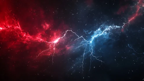 Bipolar cosmic lightning clash in red and blue nebular void.