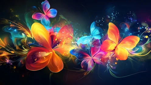Radiant rainbow butterflies dancing across a dreamy night.