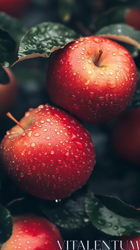Red apples with dew drops cling to dark green orchard leaves