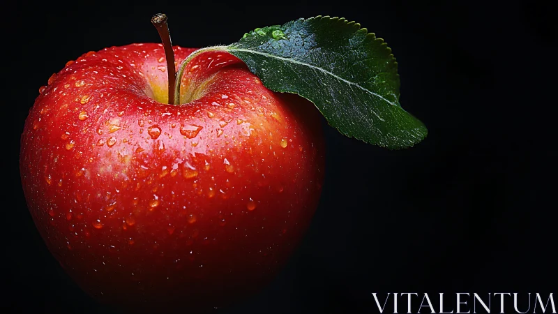 Lustrous red apple close-up with leaf on dark backdrop.