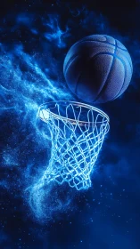 Glowing blue basketball arcs above neon hoop in cosmic haze.