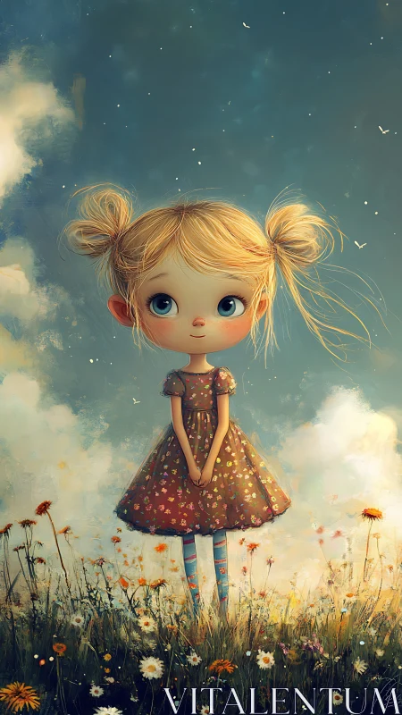 Sky-dreaming girl steadies a wildflower meadow with wonder