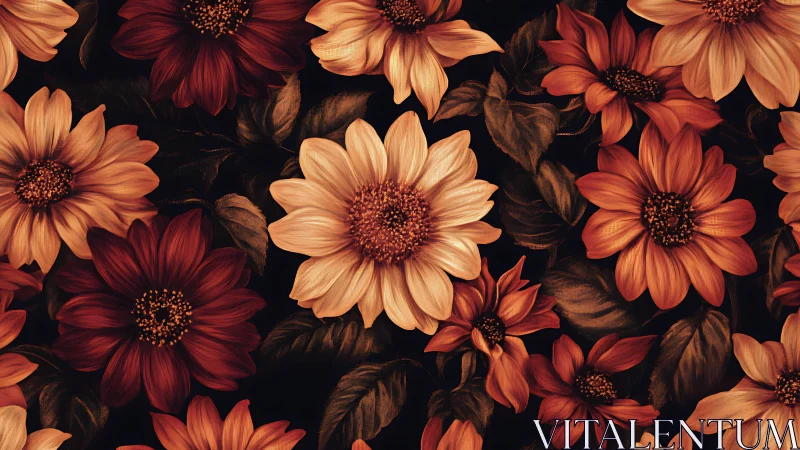 Dahlias and zinnias in warm tones against black background