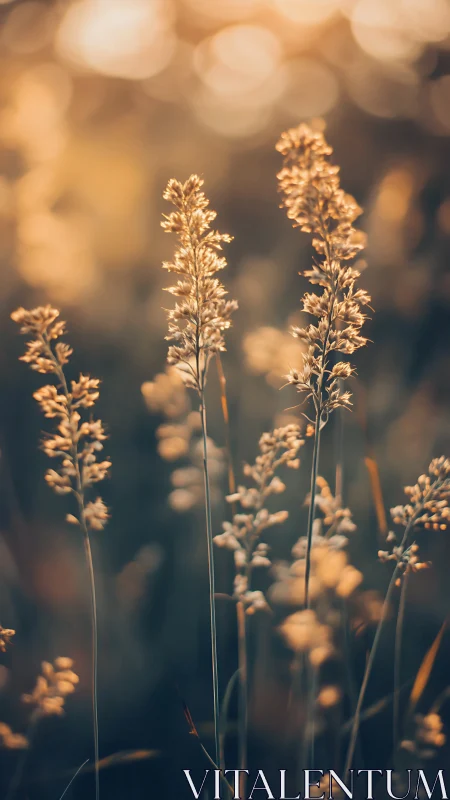 Golden meadow grasses glow softly in warm evening light