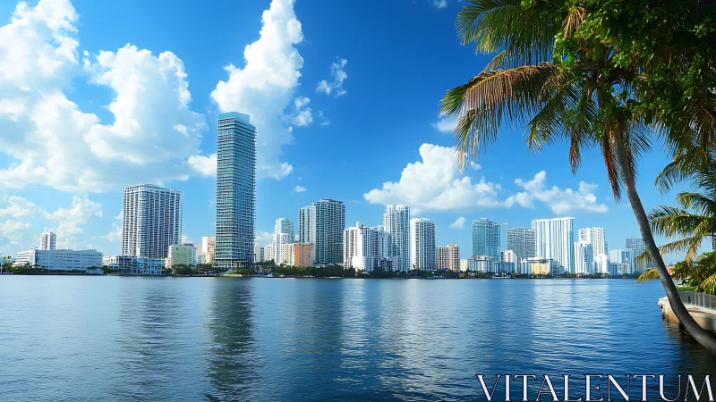 Coastal high-rise skyline with waterfront and palm trees.