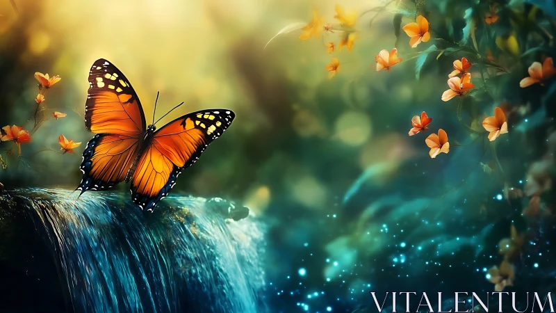 Vibrant Monarch Butterfly on Waterfall Edge in Dreamy Fantasy Art.