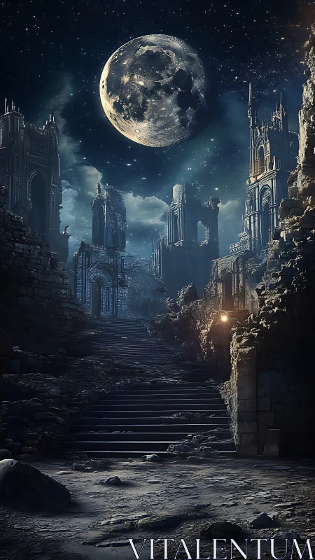 Ruined moonlit citadel stands beneath a vast starry sky
