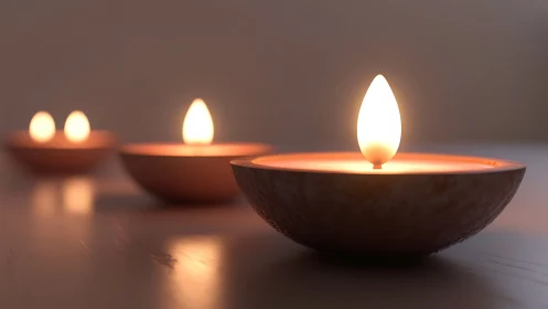 Soft ember flotilla of clay candles drifting through dusk.