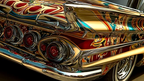 Custom lowrider tailfin displays ornate chrome and paintwork
