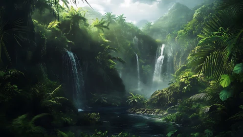 Multi tier tropical waterfalls in dense misty rainforest basin