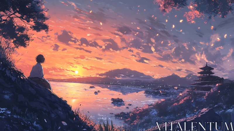 Solitary figure watches glowing river sunset from hillside