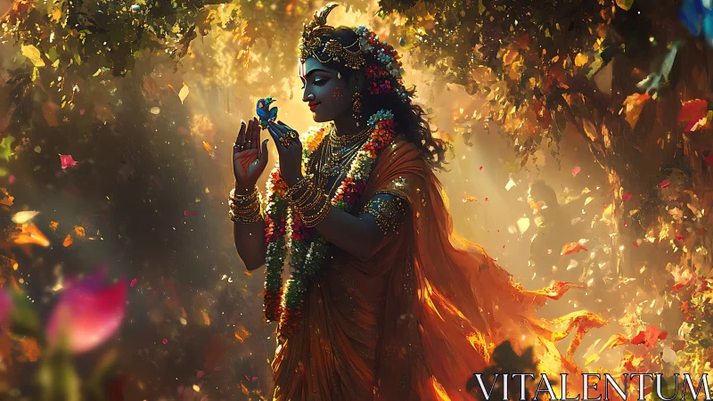 Digital painting of divine figure in luminous forest tableau.