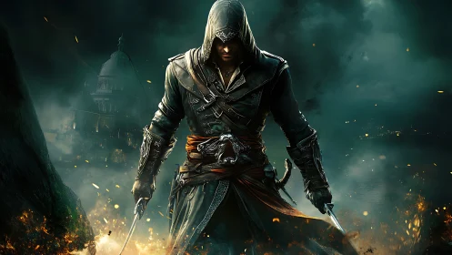 Hooded rogue assassin strides through embers in stormy cityscape.