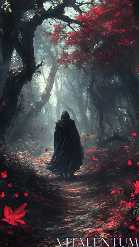 Cloaked figure walks along red leaf path through dense forest