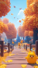 Whimsical Autumn Forest Pathway: Stylized Yellow Creatures Among Luminous Golden Foliage.