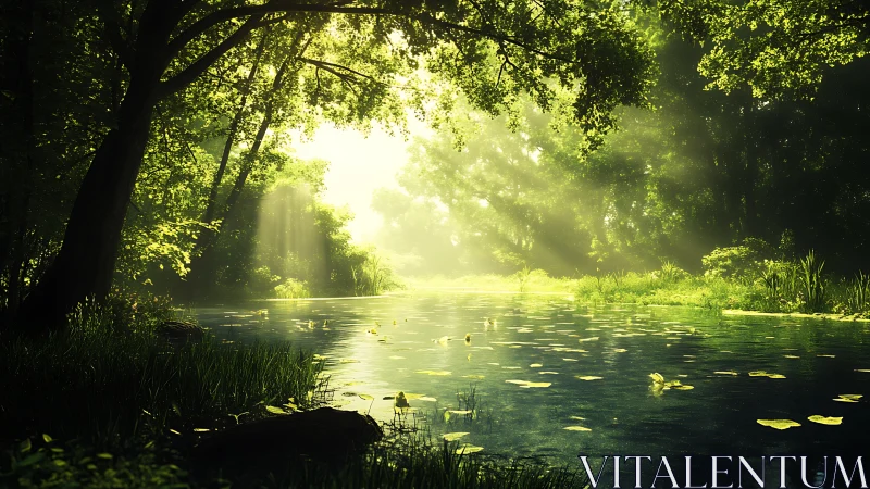 Backlit forest pond with floating lily pads and dense foliage