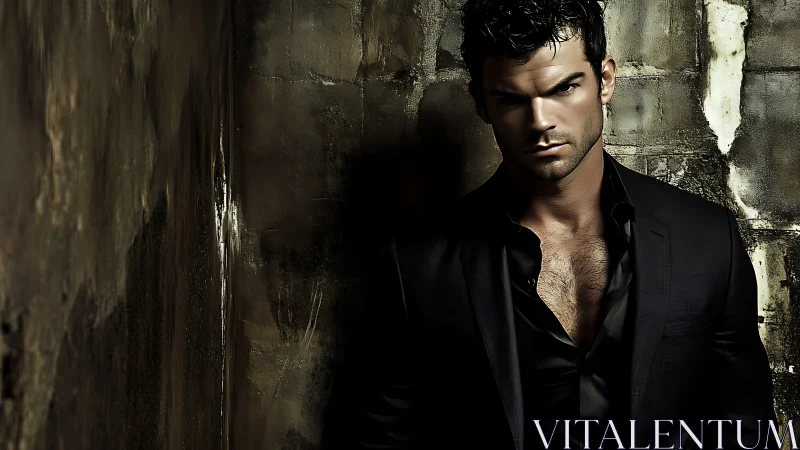 Brooding man in black suit against decayed concrete wall.