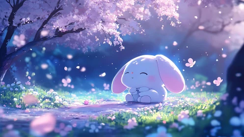 Luminous pastel bunny under volumetric cherry blossom canopy.