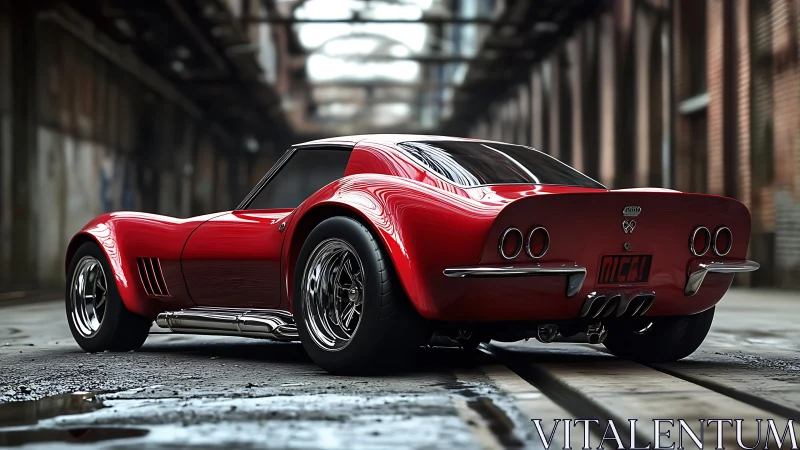 Photorealistic red classic sports coupe in industrial warehouse