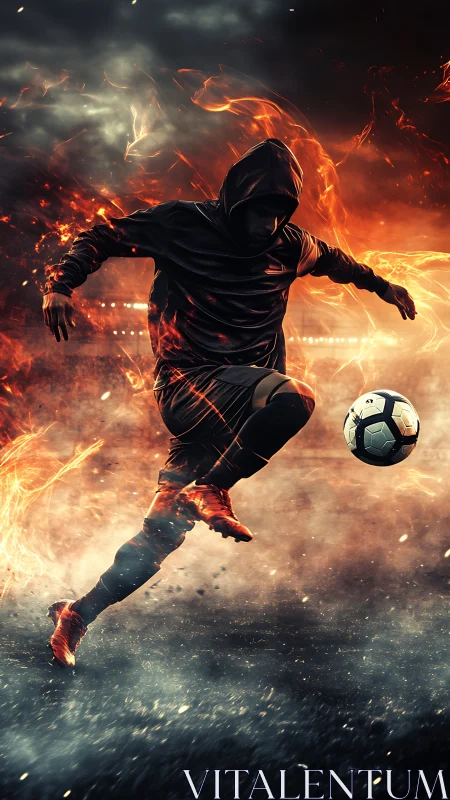 Digital painting of flaming street footballer in dynamic motion.