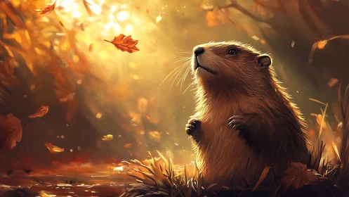 Digital illustration shows groundhog in backlit autumn forest