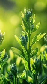 Sunlit leaf spires rising through a glowing green hush.