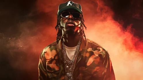 Cinematic hip-hop portrait with camo styling and smoke halo.