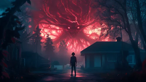 Stormy red sky monster looms over a brave small-town kid.