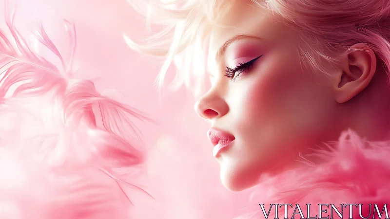 Feathered daydream drifts around a rose-lit porcelain profile