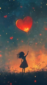 Girl Holding Glowing Heart Balloon Under Starlit Sky