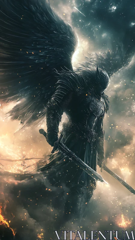 Armored seraphic warbringer amid combustive celestial maelstrom.