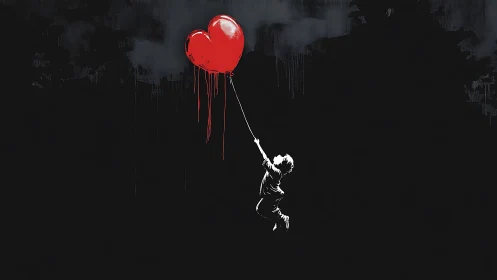 Child with Red Balloon Against Dark Urban Backdrop