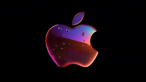 Vibrant 3D Apple Logo with Water Droplets on Black Background.