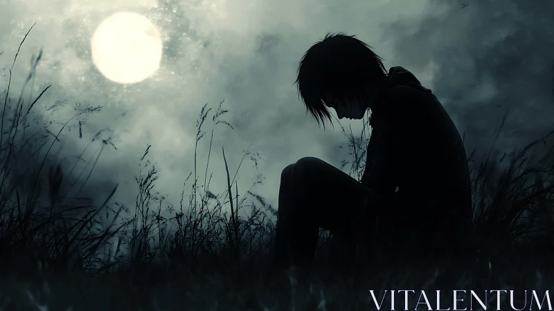 Solitary figure sits under a pale moon in a misty field