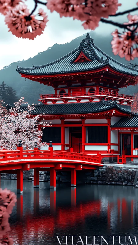 Spring calm around a red temple bridge and quiet lagoon.