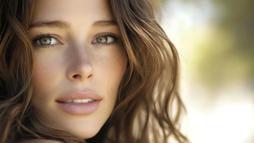 Close-up portrait of woman with loose wavy brown hair.