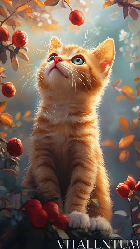 Orange Kitten Gazes Upward Among Glowing Apples.