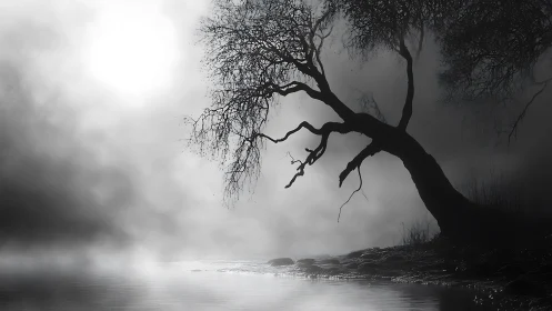 Leaning lakeside tree silhouettes against diffused fog light