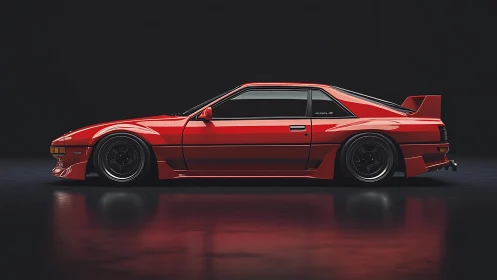 Low-slung red sports coupe rendered in dramatic side profile