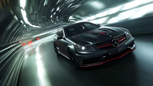 Sleek black sports car racing through a glowing tunnel.