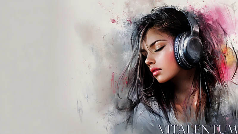 Young woman with headphones in abstract digital portrait.