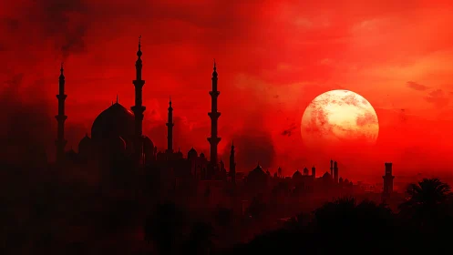 Digital painting of mosque skyline under crimson eclipse.
