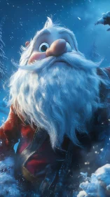 Digitally rendered bearded figure in snowy forest scene.