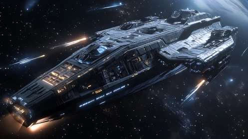 Massive star cruiser advances through deep space in high detail