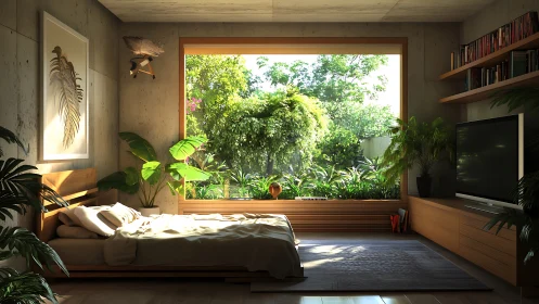 Sunlit bedroom retreat opening gently into lush garden views.