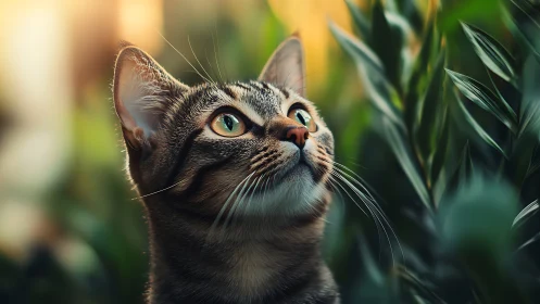 Tabby Cat Portrait with Upward Gaze and Natural Bokeh.
